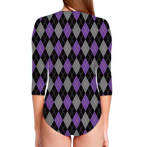 Black Grey And Purple Argyle Print Long Sleeve Swimsuit