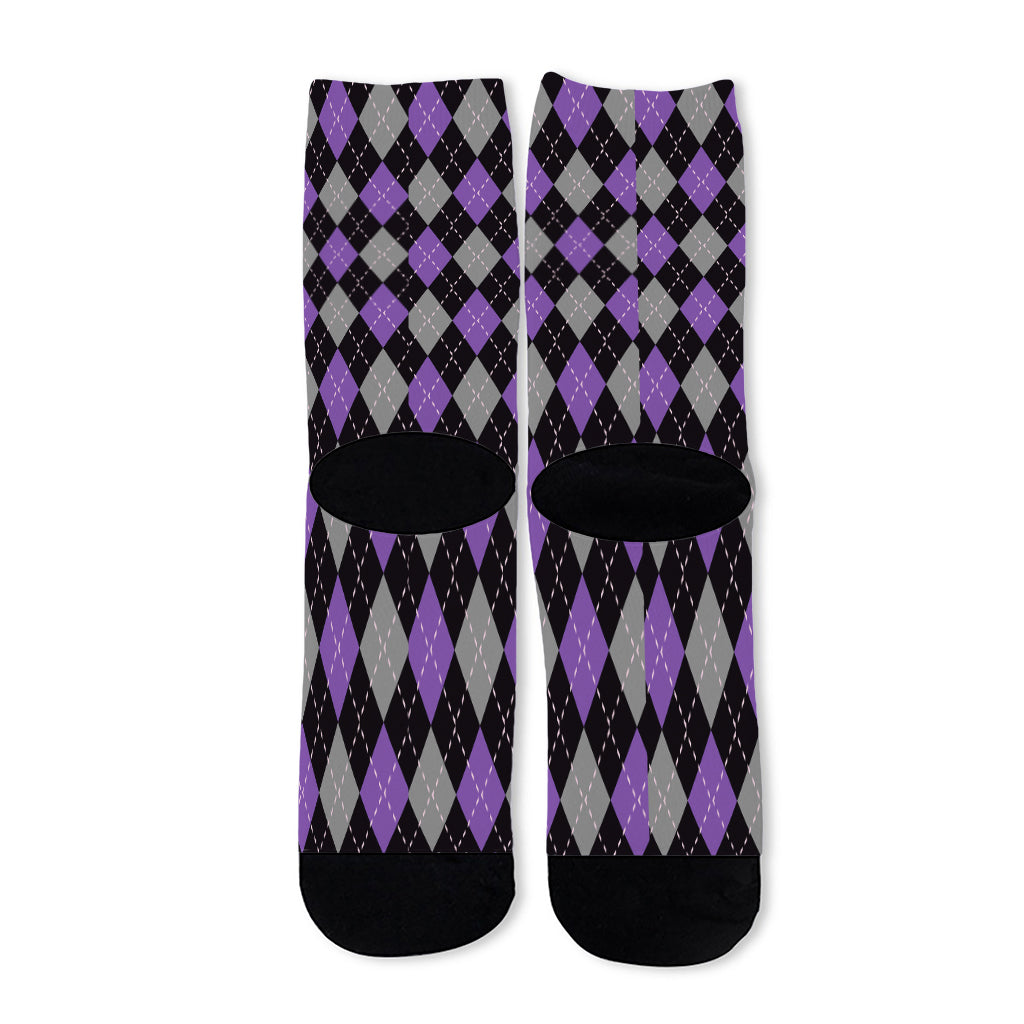 Black Grey And Purple Argyle Print Long Socks
