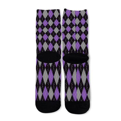 Black Grey And Purple Argyle Print Long Socks