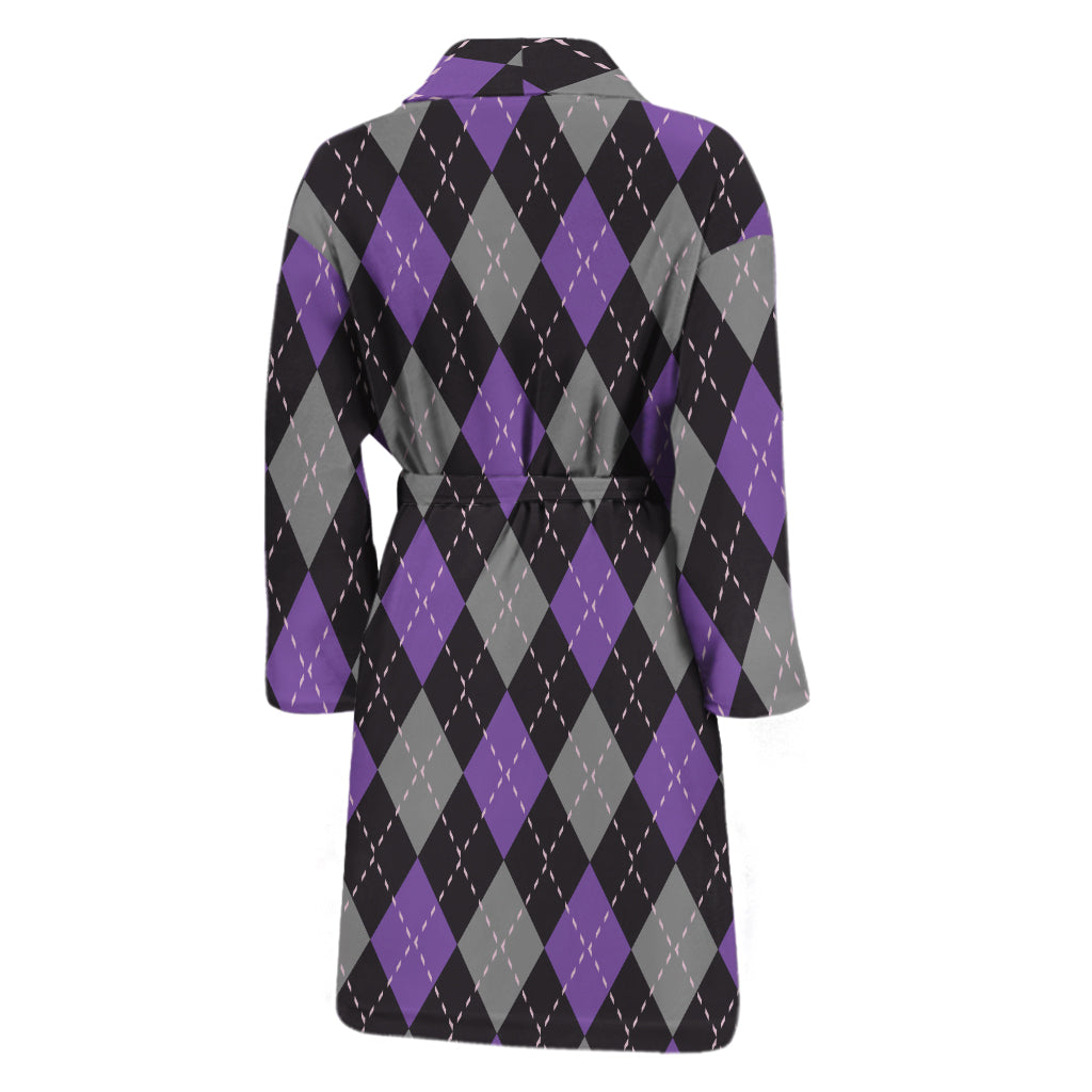 Black Grey And Purple Argyle Print Men's Bathrobe