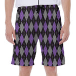 Black Grey And Purple Argyle Print Men's Beach Shorts
