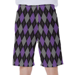 Black Grey And Purple Argyle Print Men's Beach Shorts