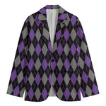 Black Grey And Purple Argyle Print Men's Blazer