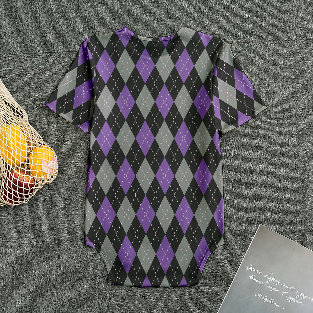 Black Grey And Purple Argyle Print Men's Bodysuit