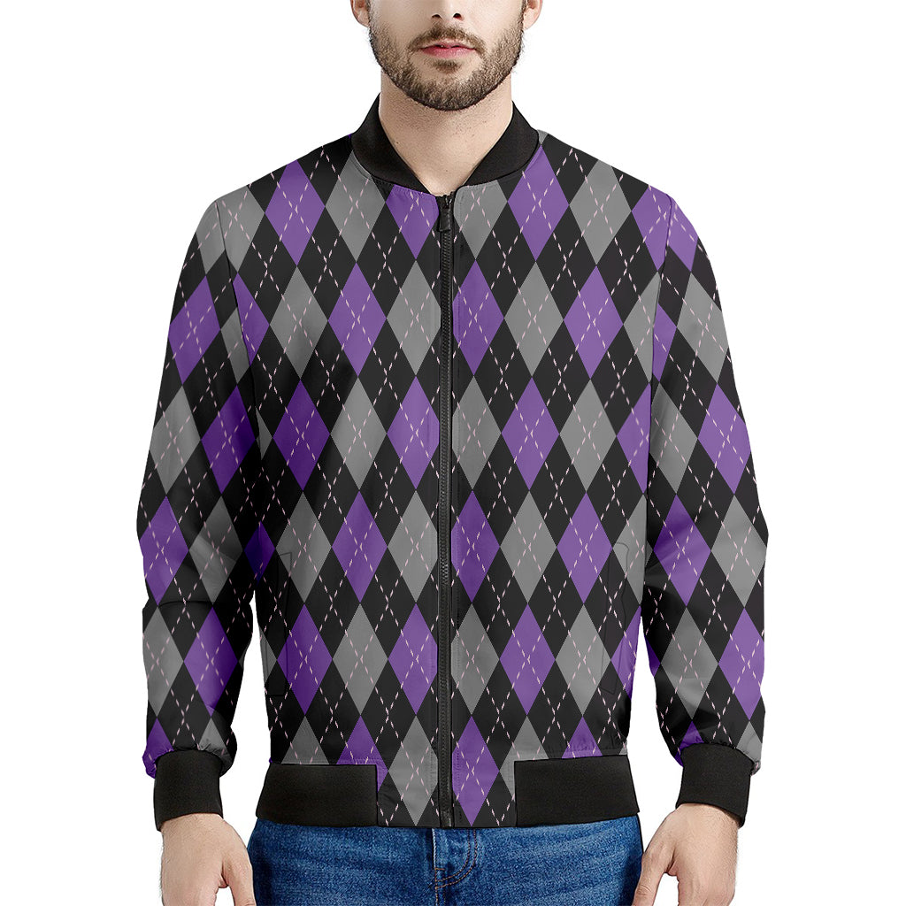 Black Grey And Purple Argyle Print Men's Bomber Jacket