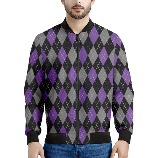 Black Grey And Purple Argyle Print Men's Bomber Jacket
