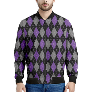 Black Grey And Purple Argyle Print Men's Bomber Jacket