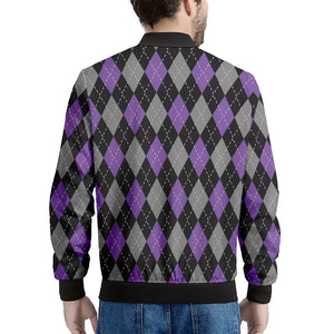 Black Grey And Purple Argyle Print Men's Bomber Jacket