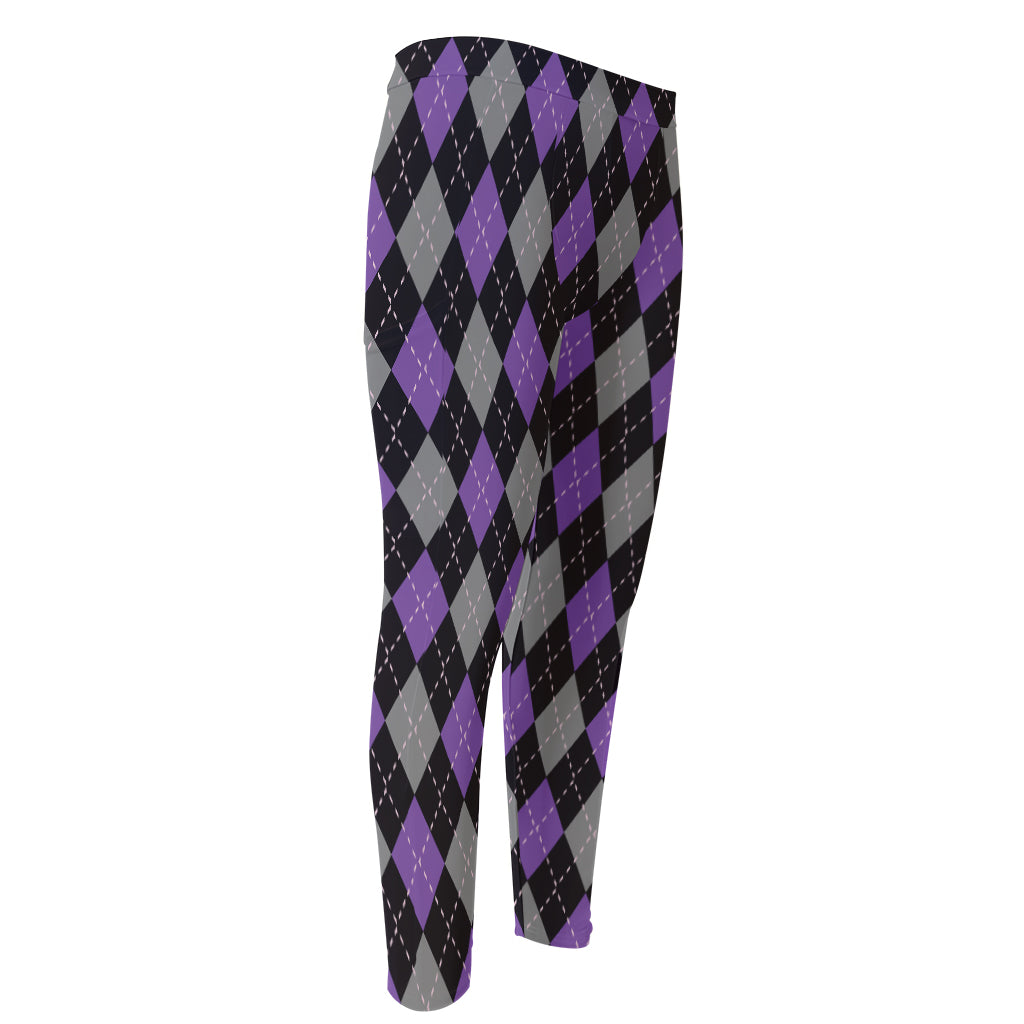 Black Grey And Purple Argyle Print Men's Compression Pants