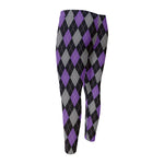 Black Grey And Purple Argyle Print Men's Compression Pants