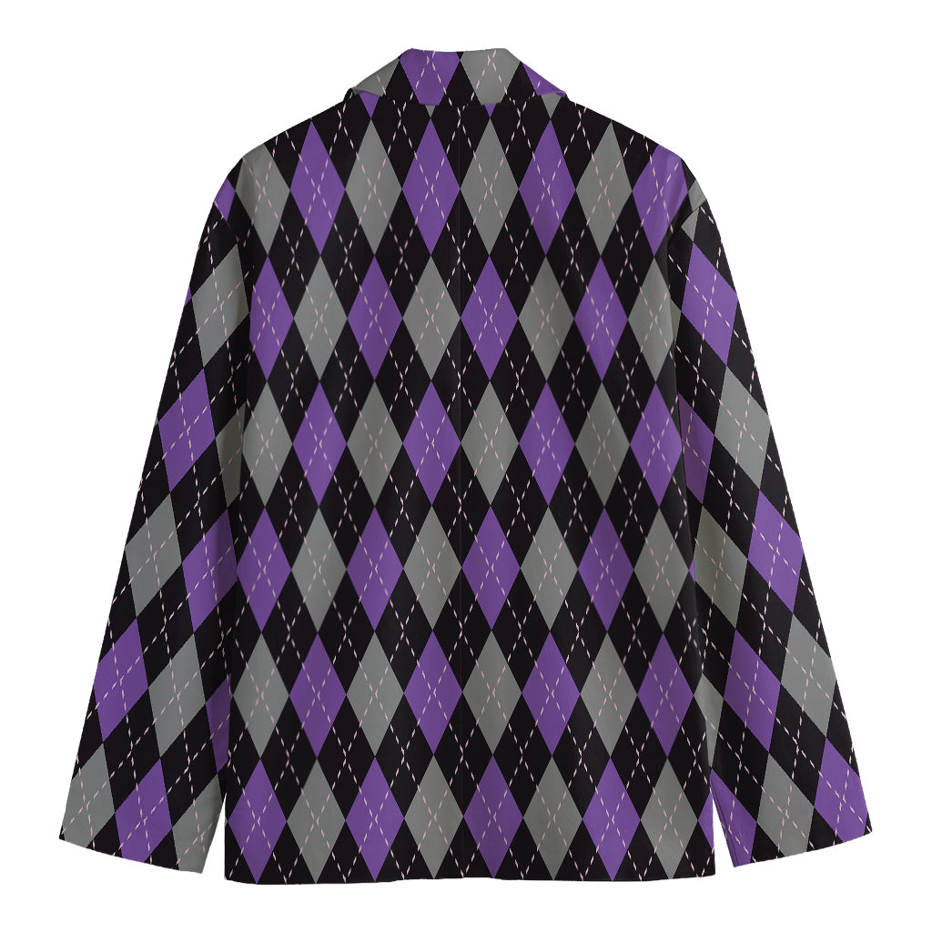 Black Grey And Purple Argyle Print Men's Cotton Blazer