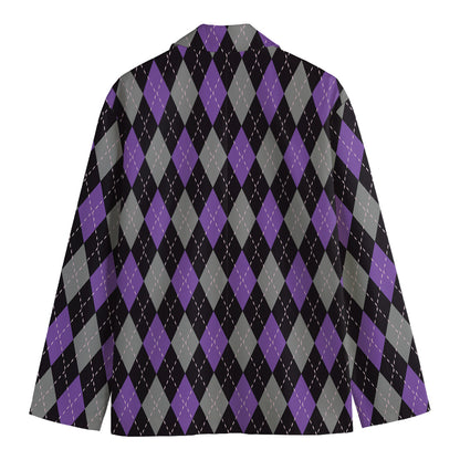 Black Grey And Purple Argyle Print Men's Cotton Blazer