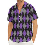 Black Grey And Purple Argyle Print Men's Deep V-Neck Shirt