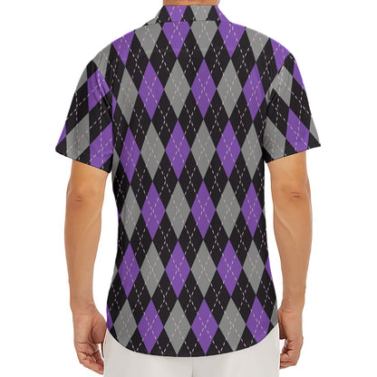Black Grey And Purple Argyle Print Men's Deep V-Neck Shirt