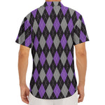 Black Grey And Purple Argyle Print Men's Deep V-Neck Shirt