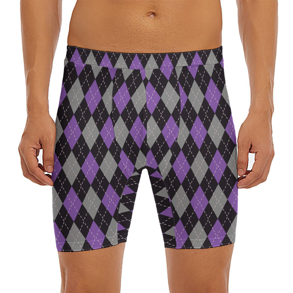 Black Grey And Purple Argyle Print Men's Long Boxer Briefs