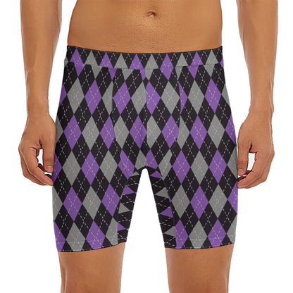 Black Grey And Purple Argyle Print Men's Long Boxer Briefs