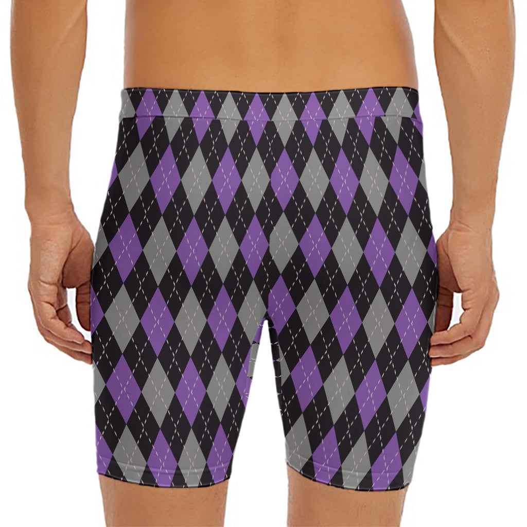 Black Grey And Purple Argyle Print Men's Long Boxer Briefs