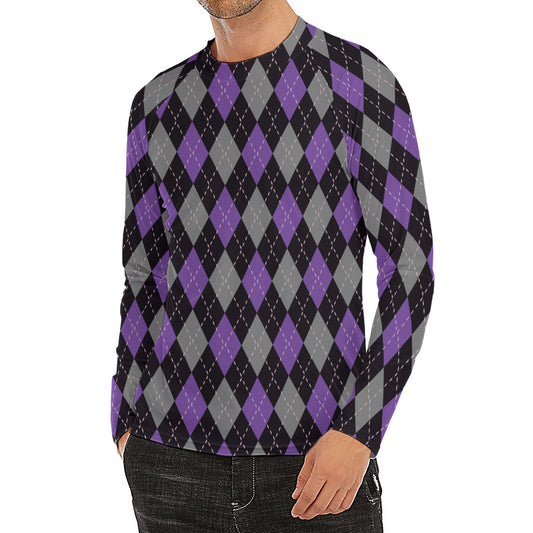 Black Grey And Purple Argyle Print Men's Long Sleeve Rash Guard