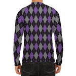Black Grey And Purple Argyle Print Men's Long Sleeve Rash Guard