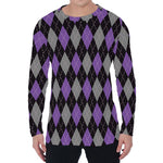 Black Grey And Purple Argyle Print Men's Long Sleeve T-Shirt