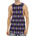 Black Grey And Purple Argyle Print Men's Muscle Tank Top