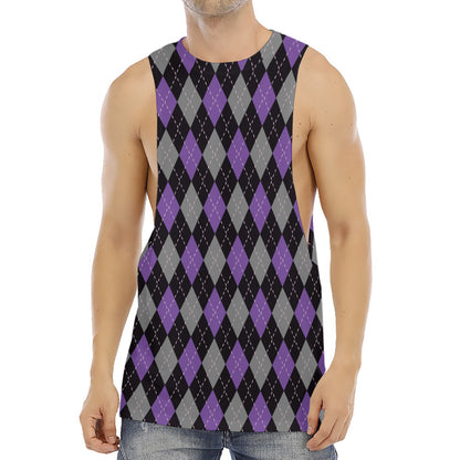 Black Grey And Purple Argyle Print Men's Muscle Tank Top