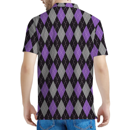 Black Grey And Purple Argyle Print Men's Polo Shirt