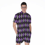 Black Grey And Purple Argyle Print Men's Rompers