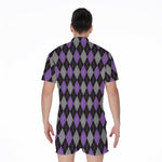 Black Grey And Purple Argyle Print Men's Rompers