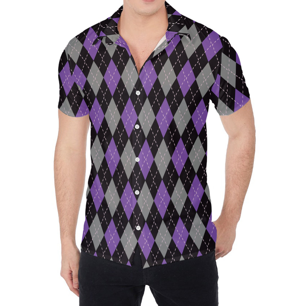 Black Grey And Purple Argyle Print Men's Shirt