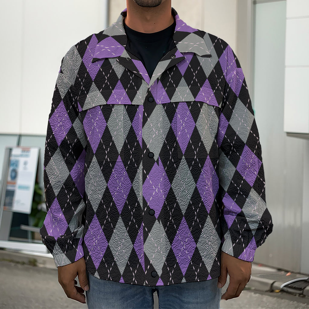 Black Grey And Purple Argyle Print Men's Shirt Jacket