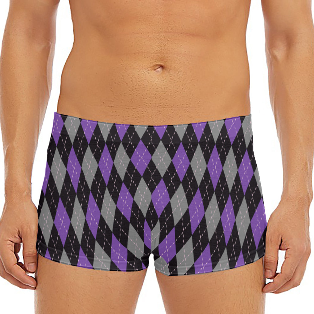 Black Grey And Purple Argyle Print Men's Short Boxer Briefs