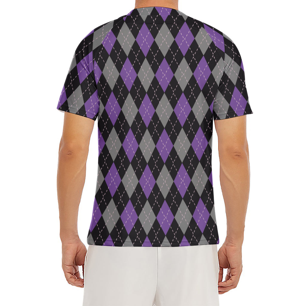 Black Grey And Purple Argyle Print Men's Short Sleeve Rash Guard