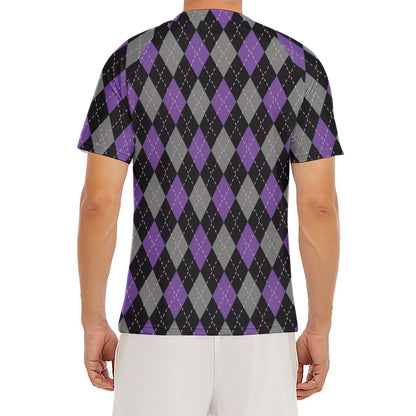 Black Grey And Purple Argyle Print Men's Short Sleeve Rash Guard