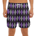 Black Grey And Purple Argyle Print Men's Split Running Shorts