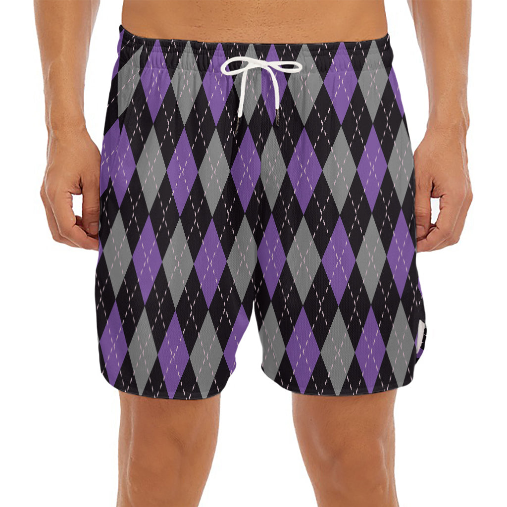 Black Grey And Purple Argyle Print Men's Split Running Shorts