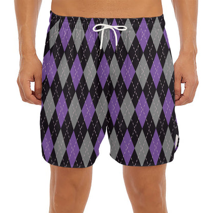 Black Grey And Purple Argyle Print Men's Split Running Shorts