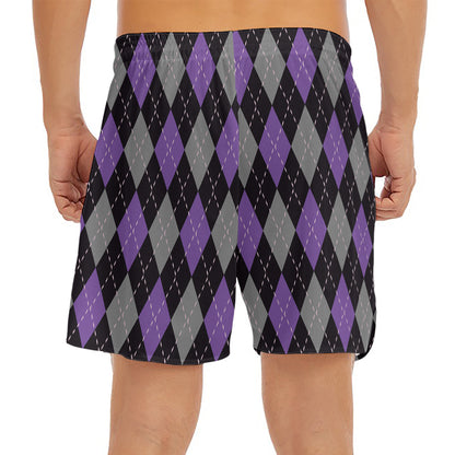 Black Grey And Purple Argyle Print Men's Split Running Shorts