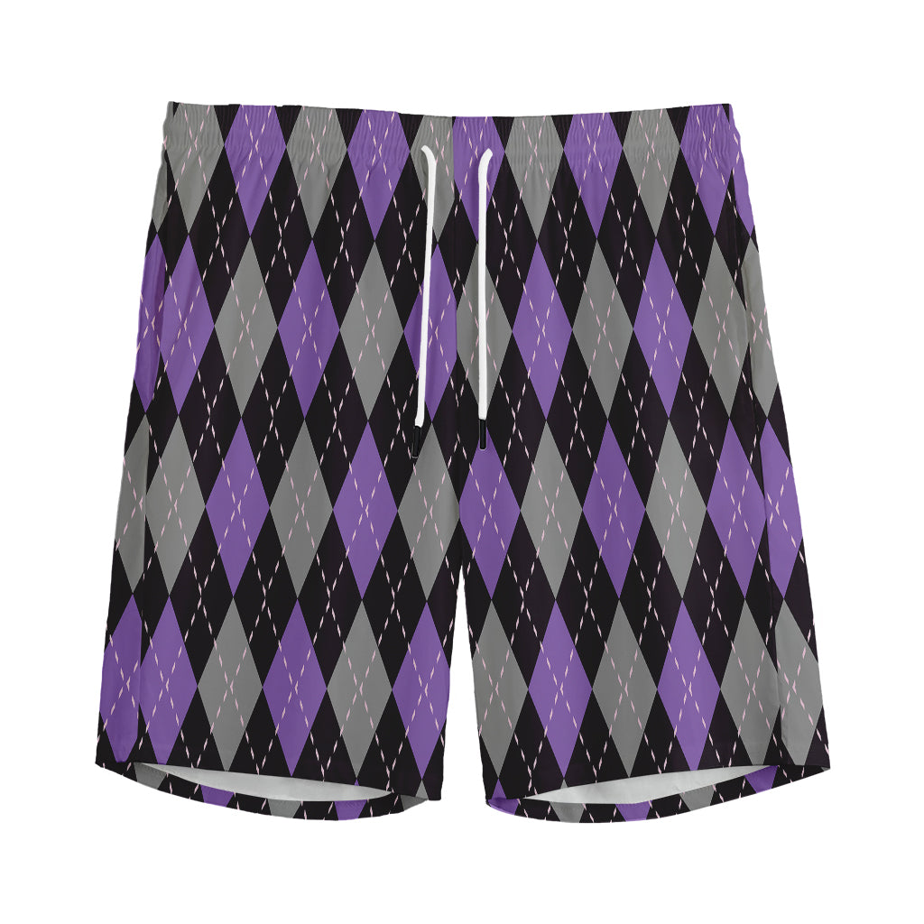 Black Grey And Purple Argyle Print Men's Sports Shorts