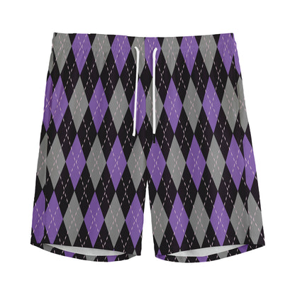 Black Grey And Purple Argyle Print Men's Sports Shorts