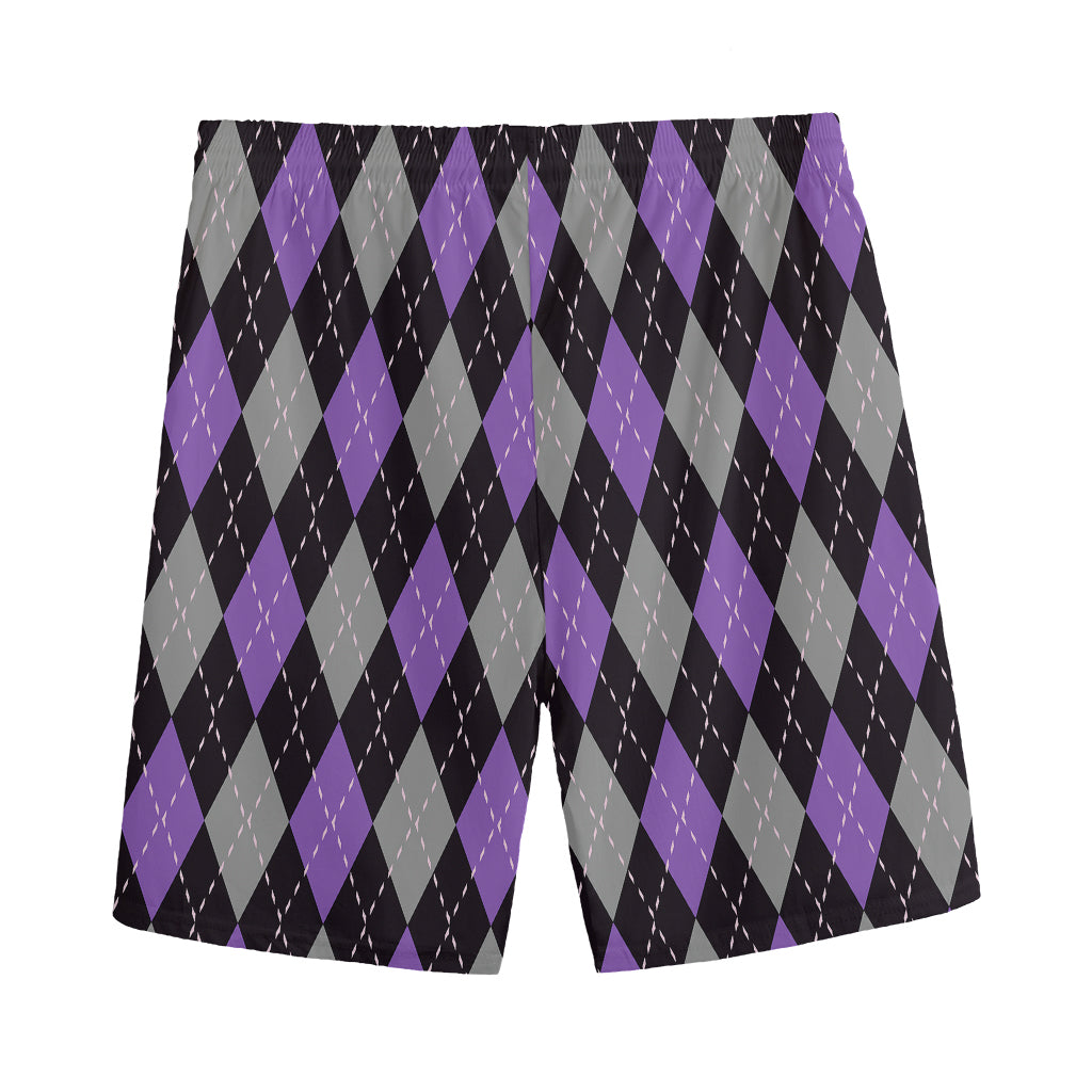 Black Grey And Purple Argyle Print Men's Sports Shorts