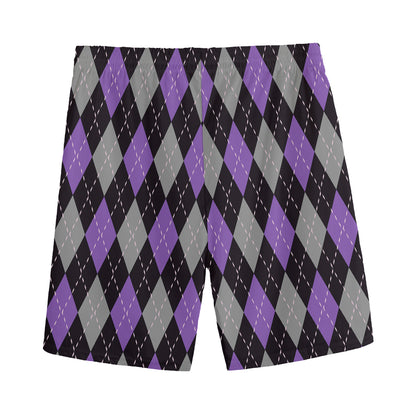Black Grey And Purple Argyle Print Men's Sports Shorts
