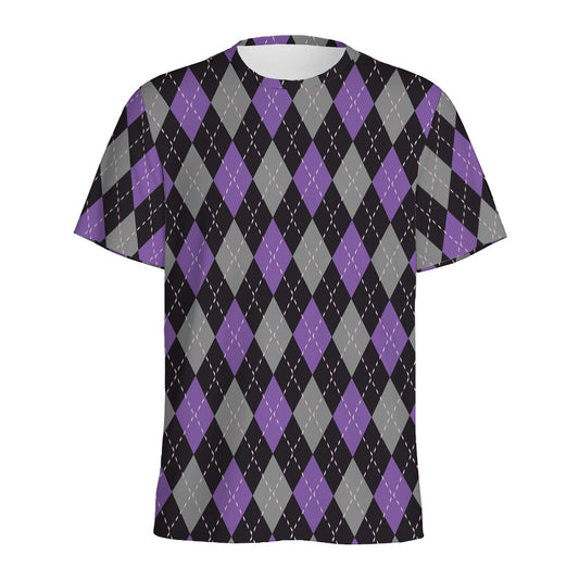 Black Grey And Purple Argyle Print Men's Sports T-Shirt