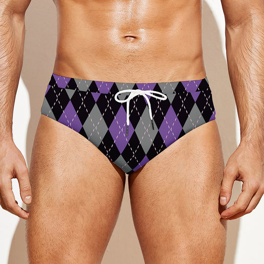 Black Grey And Purple Argyle Print Men's Swim Briefs