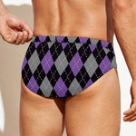 Black Grey And Purple Argyle Print Men's Swim Briefs