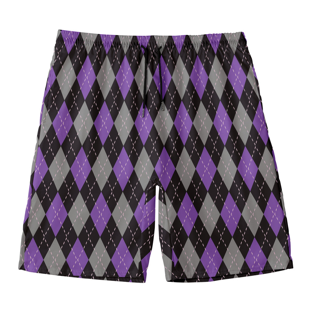 Black Grey And Purple Argyle Print Men's Swim Trunks