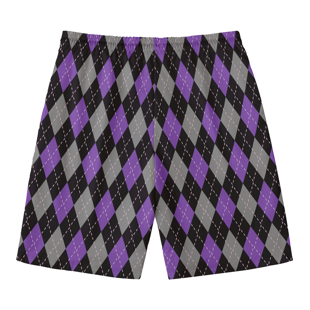 Black Grey And Purple Argyle Print Men's Swim Trunks