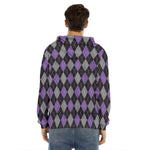 Black Grey And Purple Argyle Print Men's Velvet Pullover Hoodie