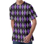 Black Grey And Purple Argyle Print Men's Velvet T-Shirt